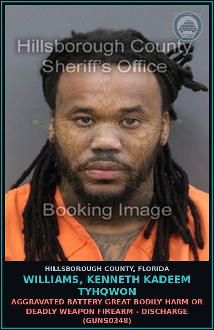 CCW arrest card for WILLIAMS, KENNETH KADEEM TYHQWON in Hillsborough County: AGGRAVATED BATTERY GREAT BODILY HARM OR DEADLY WEAPON FIREARM - DISCHARGE (GUNS0348)