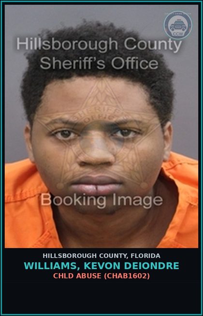 CCW arrest card for WILLIAMS, KEVON DEIONDRE in Hillsborough County: chld ABUSE (CHAB1602)