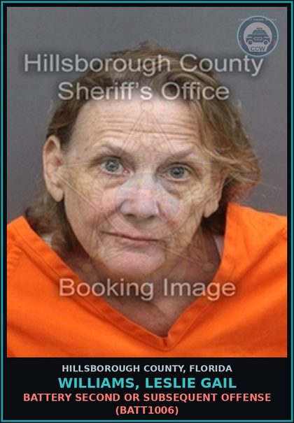 CCW arrest card for WILLIAMS, LESLIE GAIL in Hillsborough County: BATTERY SECOND OR SUBSEQUENT OFFENSE (BATT1006)