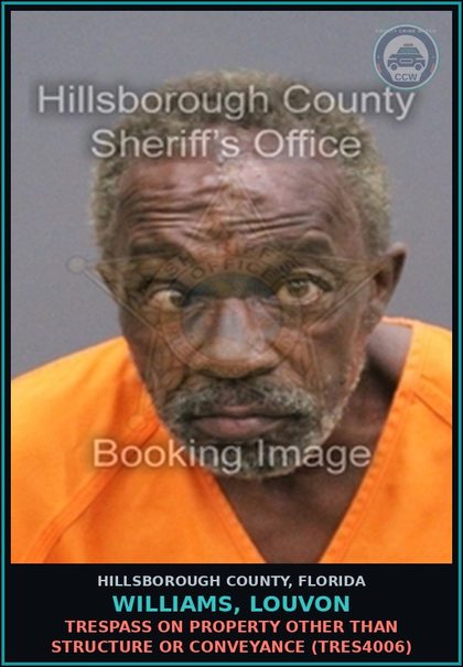 CCW arrest card for WILLIAMS, LOUVON in Hillsborough County: TRESPASS ON PROPERTY OTHER THAN STRUCTURE OR CONVEYANCE (TRES4006)