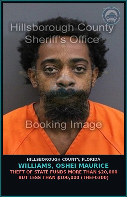 CCW arrest card for WILLIAMS, OSHEI MAURICE in Hillsborough County: THEFT OF STATE FUNDS MORE THAN $20,000 BUT LESS THAN $100,000 (THEF0300)