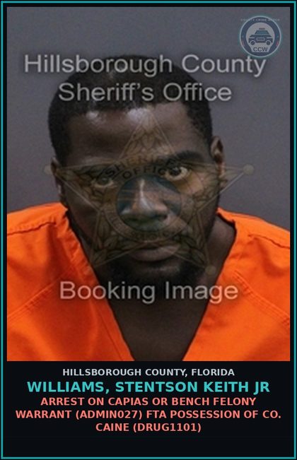 CCW arrest card for WILLIAMS, STENTSON KEITH JR in Hillsborough County: ARREST ON CAPIAS OR BENCH FELONY WARRANT (ADMIN027) FTA POSSESSION OF COCAINE (DRUG1101)