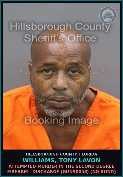 CCW arrest card for WILLIAMS, TONY LAVON in Hillsborough County: ATTEMPTED MURDER IN THE SECOND DEGREE FIREARM - DISCHARGE (GUNS0058) [NO BOND]