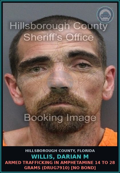 CCW arrest card for WILLIS, DARIAN M in Hillsborough County: ARMED TRAFFICKING IN AMPHETAMINE 14 TO 28 GRAMS (DRUG7910) [NO BOND]