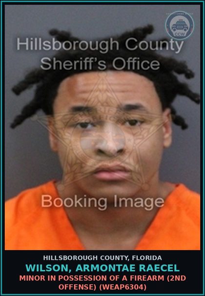 CCW arrest card for WILSON, ARMONTAE RAECEL in Hillsborough County: MINOR IN POSSESSION OF A FIREARM (2ND OFFENSE) (WEAP6304)