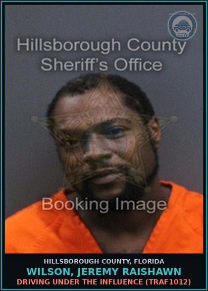CCW arrest card for WILSON, JEREMY RAISHAWN in Hillsborough County: DRIVING UNDER THE INFLUENCE (TRAF1012)