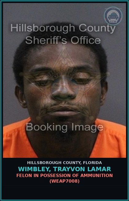 CCW arrest card for WIMBLEY, TRAYVON LAMAR in Hillsborough County: FELON IN POSSESSION OF AMMUNITION (WEAP7008)