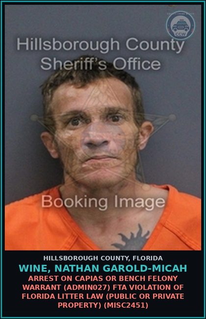 CCW arrest card for WINE, NATHAN GAROLD-MICAH in Hillsborough County: ARREST ON CAPIAS OR BENCH FELONY WARRANT (ADMIN027) FTA VIOLATION OF FLORIDA LITTER LAW (PUBLIC OR PRIVATE PROPERTY) (MISC2451)