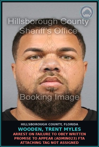 CCW arrest card for WOODEN, TRENT MYLES in Hillsborough County: ARREST ON FAILURE TO OBEY WRITTEN PROMISE TO APPEAR (ADMIN023) FTA ATTACHING TAG NOT ASSIGNED