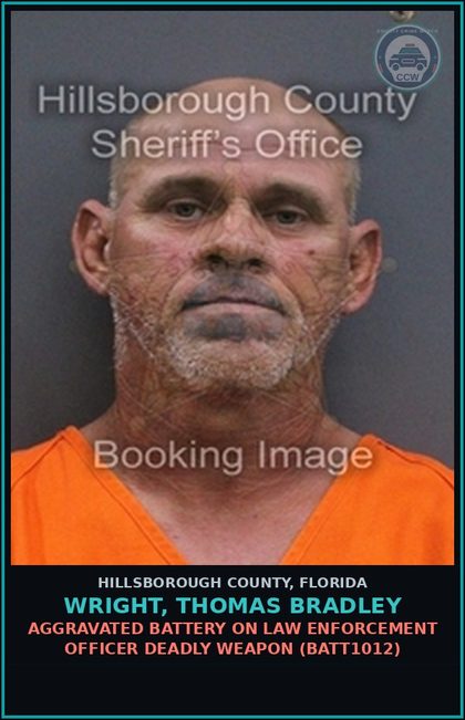 CCW arrest card for WRIGHT, THOMAS BRADLEY in Hillsborough County: AGGRAVATED BATTERY ON LAW ENFORCEMENT OFFICER DEADLY WEAPON (BATT1012)