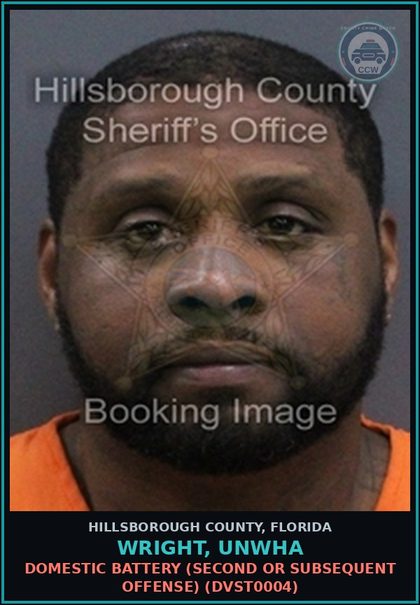 CCW arrest card for WRIGHT, UNWHA in Hillsborough County: DOMESTIC BATTERY (SECOND OR SUBSEQUENT OFFENSE) (DVST0004)