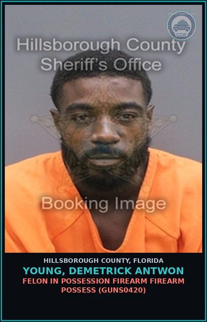 CCW arrest card for YOUNG, DEMETRICK ANTWON in Hillsborough County: FELON IN POSSESSION FIREARM FIREARM POSSESS (GUNS0420)