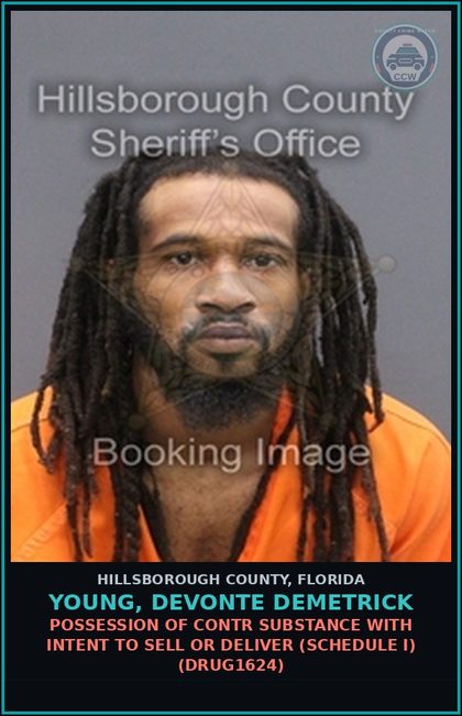 CCW arrest card for YOUNG, DEVONTE DEMETRICK in Hillsborough County: POSSESSION OF contr substance WITH INTENT TO SELL OR DELIVER (SCHEDULE I) (DRUG1624)