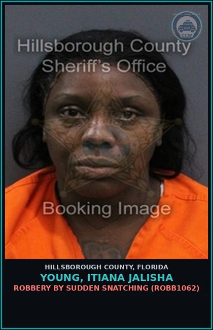 CCW arrest card for YOUNG, ITIANA JALISHA in Hillsborough County: ROBBERY BY SUDDEN SNATCHING (ROBB1062)