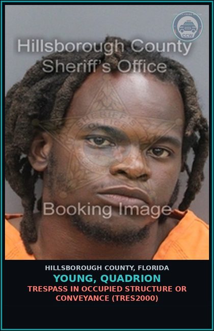 CCW arrest card for YOUNG, QUADRION in Hillsborough County: TRESPASS IN OCCUPIED STRUCTURE OR CONVEYANCE (TRES2000)