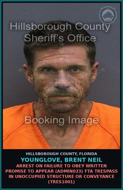 CCW arrest card for YOUNGLOVE, BRENT NEIL in Hillsborough County: ARREST ON FAILURE TO OBEY WRITTEN PROMISE TO APPEAR (ADMIN023) FTA TRESPASS IN UNOCCUPIED STRUCTURE OR CONVEYANCE (TRES1001)