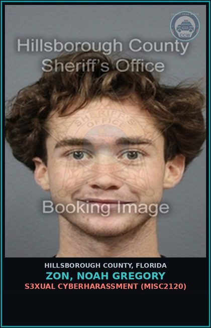 CCW arrest card for ZON, NOAH GREGORY in Hillsborough County: s3xual CYBERHARASSMENT (MISC2120)