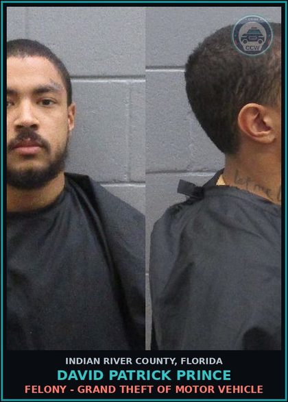 CCW arrest card for DAVID PATRICK PRINCE in Indian River County: Felony - GRAND THEFT OF MOTOR VEHICLE
