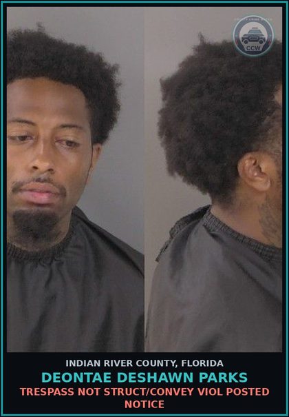CCW arrest card for Deontae Deshawn Parks in Indian River County: TRESPASS NOT STRUCT/CONVEY VIOL POSTED NOTICE