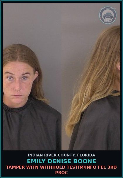 CCW arrest card for Emily Denise Boone in Indian River County: TAMPER WITN WITHHOLD TESTIM/INFO FEL 3RD PROC
