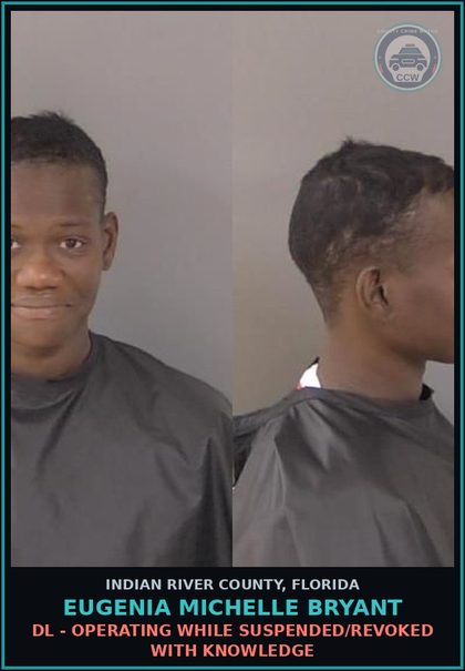 CCW arrest card for Eugenia Michelle Bryant in Indian River County: DL - Operating while suspended/revoked with knowledge