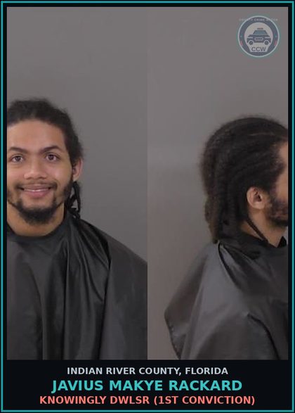 CCW arrest card for Javius Makye Rackard in Indian River County: KNOWINGLY DWLSR (1ST CONVICTION)