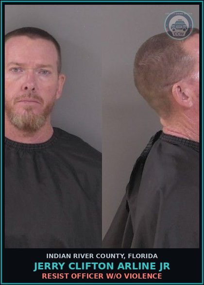 CCW arrest card for Jerry Clifton Arline Jr in Indian River County: ENGAGE COMMIT OFFER Prosti 1ST VIOL