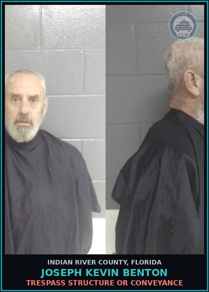 CCW arrest card for Joseph Kevin Benton in Indian River County: Trespass Structure or Conveyance