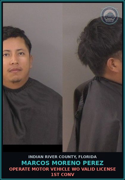 CCW arrest card for Marcos Moreno Perez in Indian River County: OPERATE MOTOR VEHICLE WO VALID LICENSE 1ST CONV