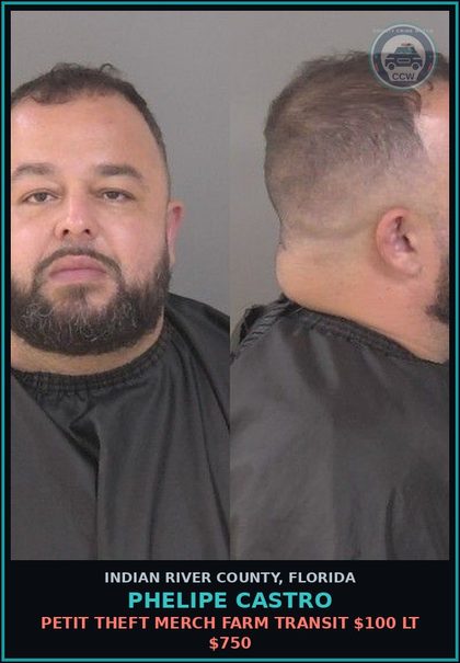 CCW arrest card for Phelipe Castro in Indian River County: PETIT THEFT MERCH FARM TRANSIT $100 LT $750