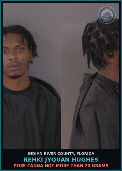 CCW arrest card for REHKI JYQUAN HUGHES in Indian River County: IMPORT SELL DISTRIBUTE POSSESS BUMP FIRE STOCK