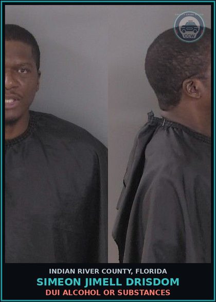 CCW arrest card for Simeon Jimell Drisdom in Indian River County: DWLSR REVOCATION EQUIV STATUS 2ND SUBS OFF