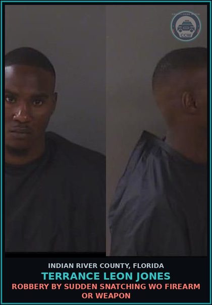 CCW arrest card for Terrance Leon Jones in Indian River County: ROBBERY BY SUDDEN SNATCHING WO FIREARM OR WEAPON