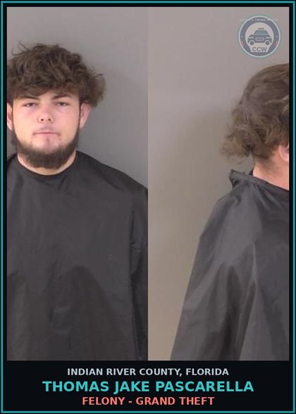 CCW arrest card for Thomas Jake Pascarella in Indian River County: Felony - GRAND THEFT