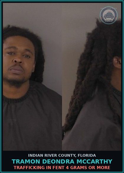 CCW arrest card for Tramon Deondra McCarthy in Indian River County: DRIV WHILE LIC SUSPEND REVOCATION EQUIV STATUS