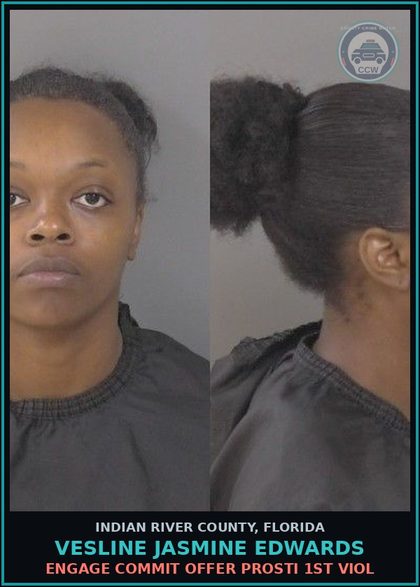 CCW arrest card for Vesline Jasmine Edwards in Indian River County: ENGAGE COMMIT OFFER Prosti 1ST VIOL