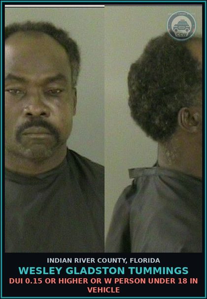 CCW arrest card for WESLEY GLADSTON TUMMINGS in Indian River County: DUI 0.15 OR HIGHER OR W PERSON UNDER 18 IN VEHICLE