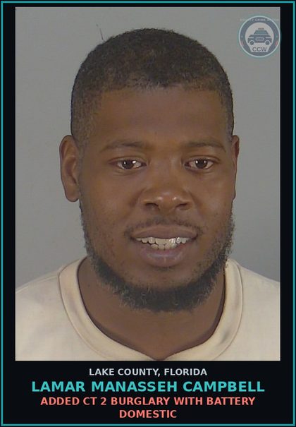 CCW arrest card for LAMAR MANASSEH CAMPBELL in Lake County: DWLS 2ND OFFENSE