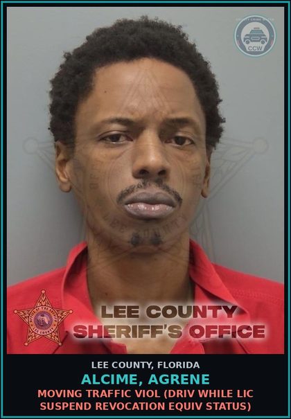 CCW arrest card for ALCIME, AGRENE in Lee County: MOVING TRAFFIC VIOL  (DRIV WHILE LIC SUSPEND REVOCATION EQUIV STATUS)