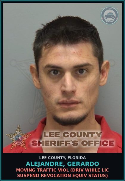 CCW arrest card for ALEJANDRE, GERARDO in Lee County: MOVING TRAFFIC VIOL  (DRIV WHILE LIC SUSPEND REVOCATION EQUIV STATUS)