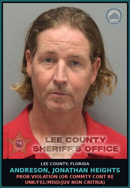 CCW arrest card for ANDRESON, JONATHAN HEIGHTS in Lee County: PROB VIOLATION  (OR COMMTY CONT RE UNK/FEL/MISD/JUV NON CRITRIA)