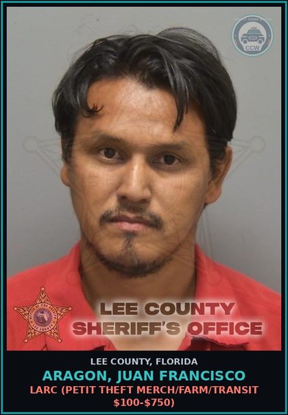 CCW arrest card for ARAGON, JUAN FRANCISCO in Lee County: LARC  (PETIT THEFT MERCH/FARM/TRANSIT $100-$750)