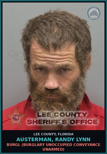 CCW arrest card for AUSTERMAN, RANDY LYNN in Lee County: DAMAGE PROP-CRIM MISCH  (CRIMINAL MISCHIEF DMG PROPERTY $200-$1000)