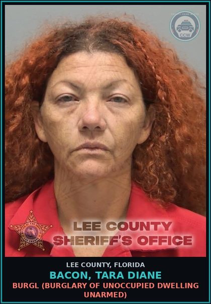 CCW arrest card for BACON, TARA DIANE in Lee County: BURGL  (BURGLARY OF UNOCCUPIED DWELLING UNARMED)