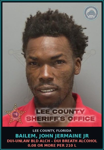 CCW arrest card for BAILEM, JOHN JERMAINE JR in Lee County: DUI-UNLAW BLD ALCH - DUI BREATH ALCOHOL 0.08 OR MORE PER 210 L