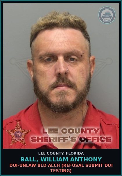 CCW arrest card for BALL, WILLIAM ANTHONY in Lee County: MOVING TRAFFIC VIOL  (DRIV WHILE LIC SUSPEND REVOCATION EQUIV STATUS)