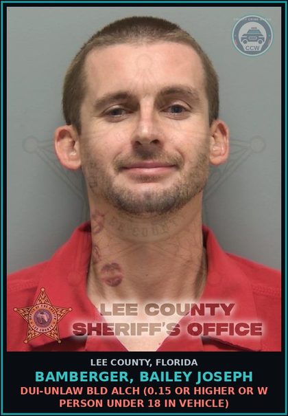 CCW arrest card for BAMBERGER, BAILEY JOSEPH in Lee County: DUI-UNLAW BLD ALCH  (0.15 OR HIGHER OR W PERSON UNDER 18 IN VEHICLE)