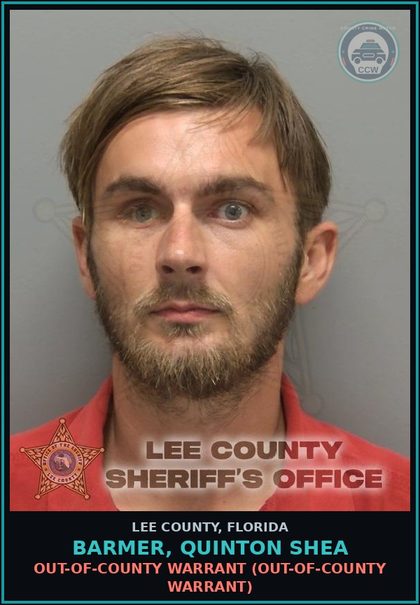 CCW arrest card for BARMER, QUINTON SHEA in Lee County: OUT-OF-COUNTY WARRANT  (OUT-OF-COUNTY WARRANT)