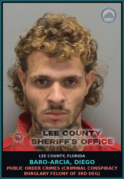 CCW arrest card for BARO-ARCIA, DIEGO in Lee County: PUBLIC ORDER CRIMES  (CRIMINAL CONSPIRACY BURGLARY FELONY OF 3RD DEG)