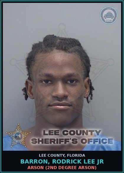 CCW arrest card for BARRON, RODRICK LEE JR in Lee County: WEAPON OFFENSE  (MISSILE INTO DWELLING VEH BUILDING OR AIRCRAFT)